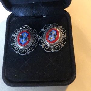 Vintage pair of older micro mosaic silver filigree clip on earrings